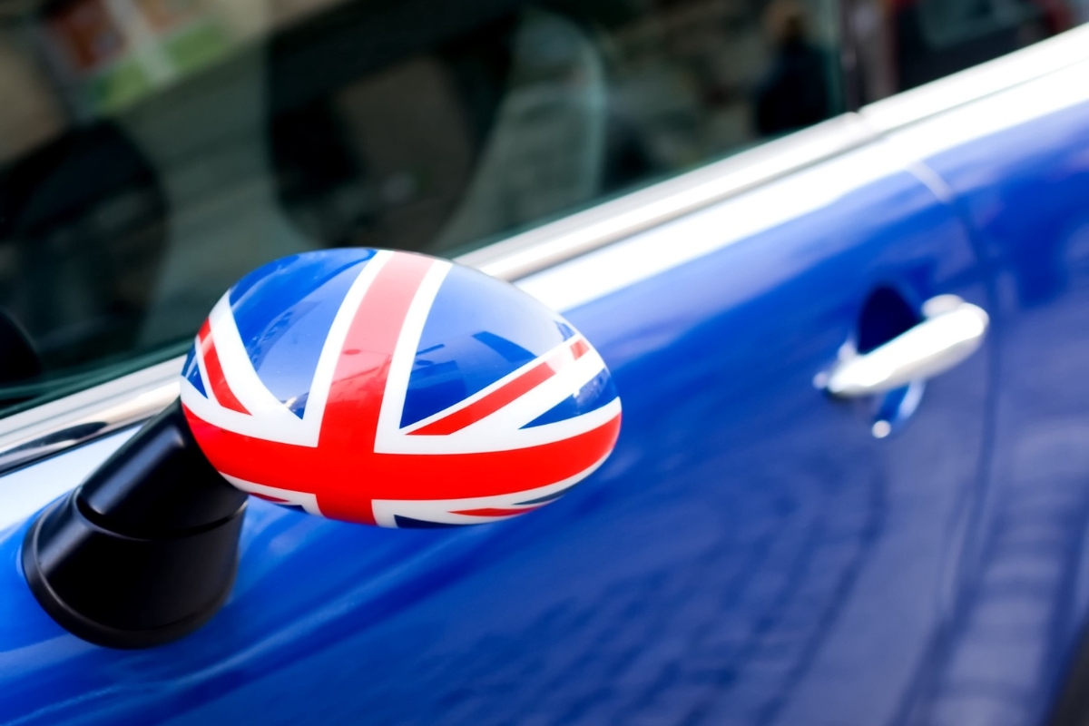 A wing mirror on a car with a Union Flag sticker