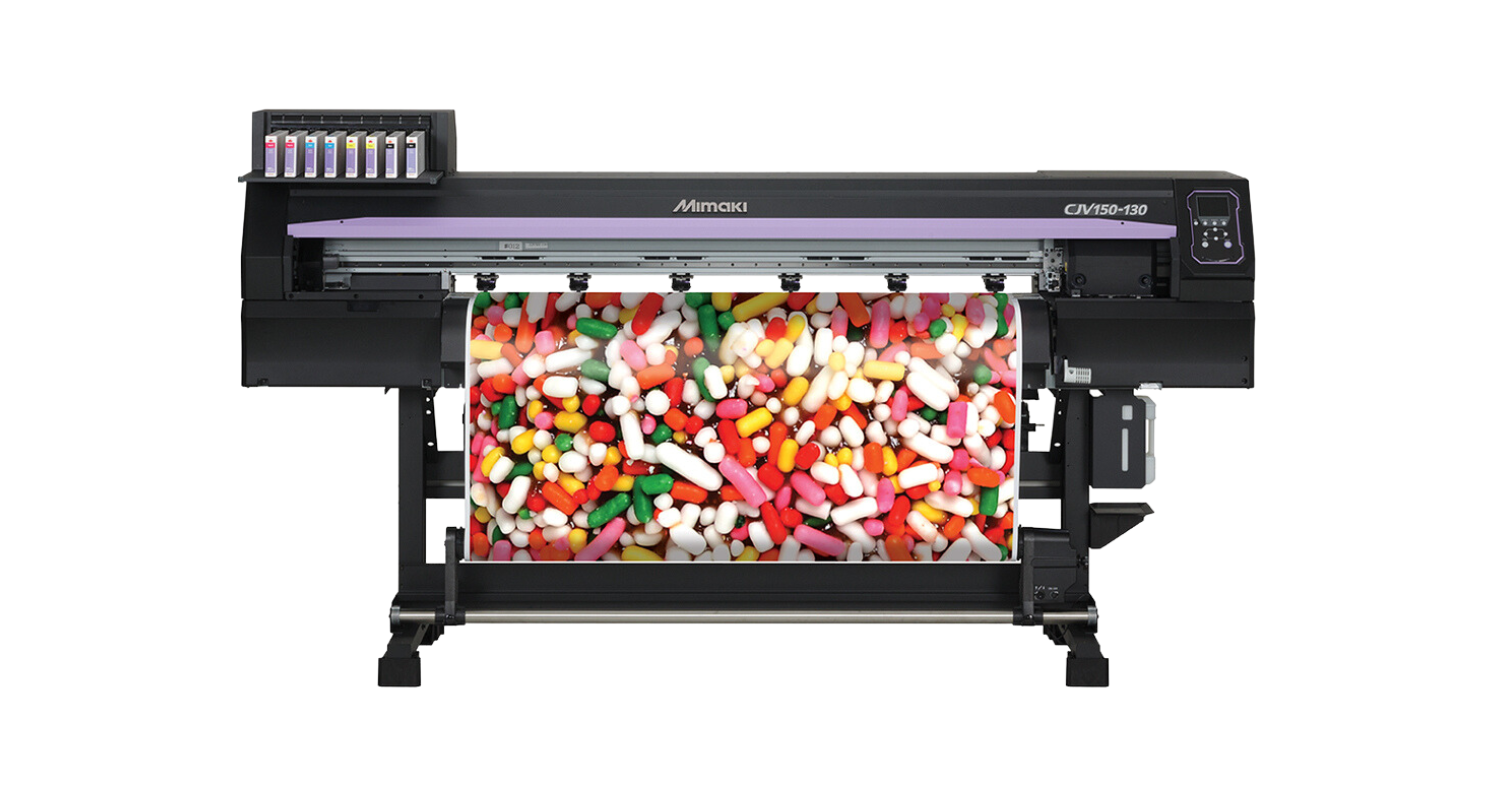 Image of a Mimaki CJV150 integrated solvent printer/cutter with a brightly coloured print
