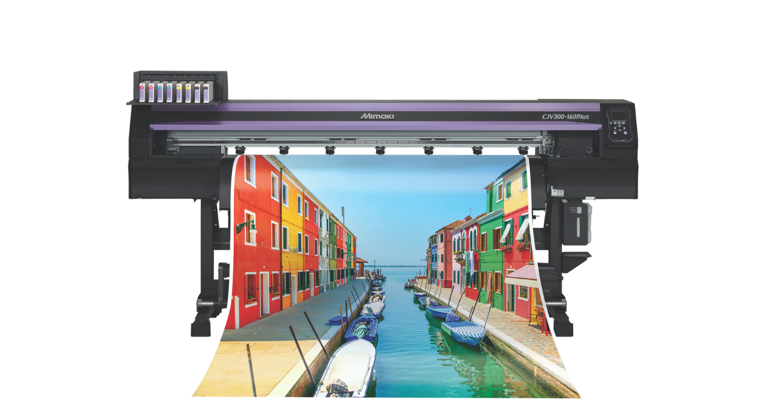 Mimaki CJV300-160Plus wide format integrated solvent printer/cutter showing a print of a brightly coloured scene with canals, boats and houses.