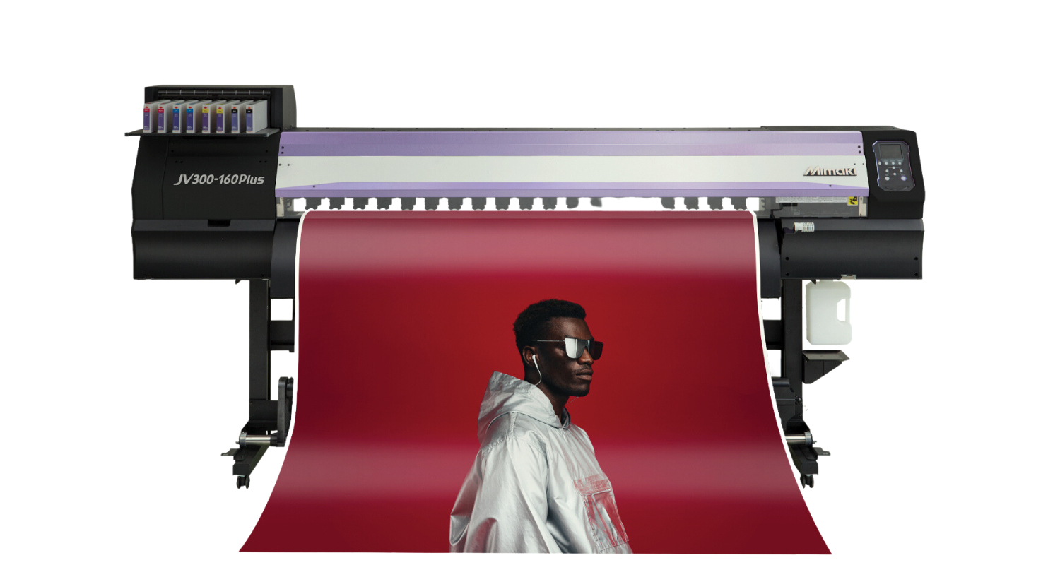 Mimaki JV300-160Plus solvent printer showing a red background print with a man in a white jacket