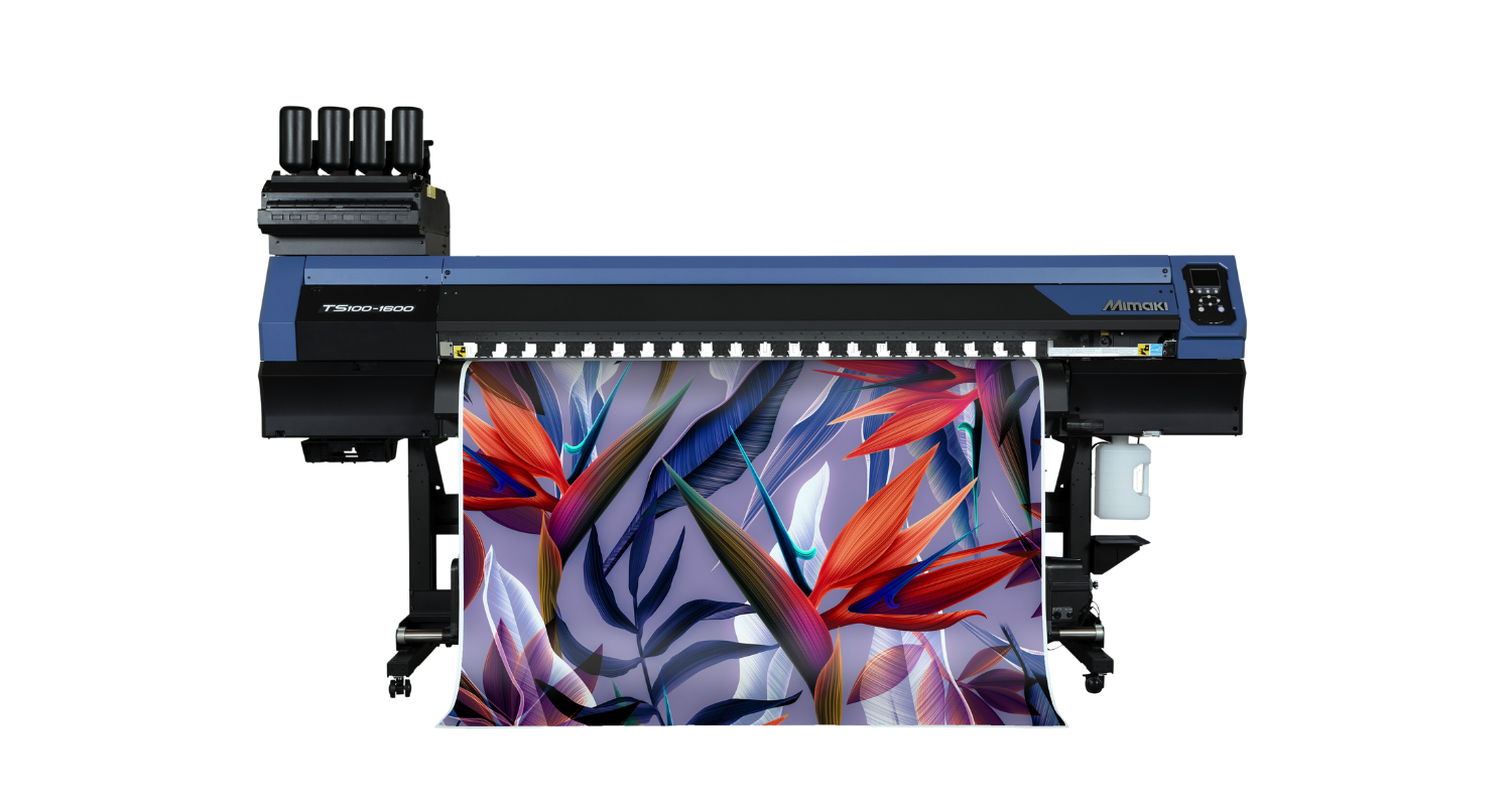 Mimaki TS100-1600 product image showing a brightly coloured transfer paper print