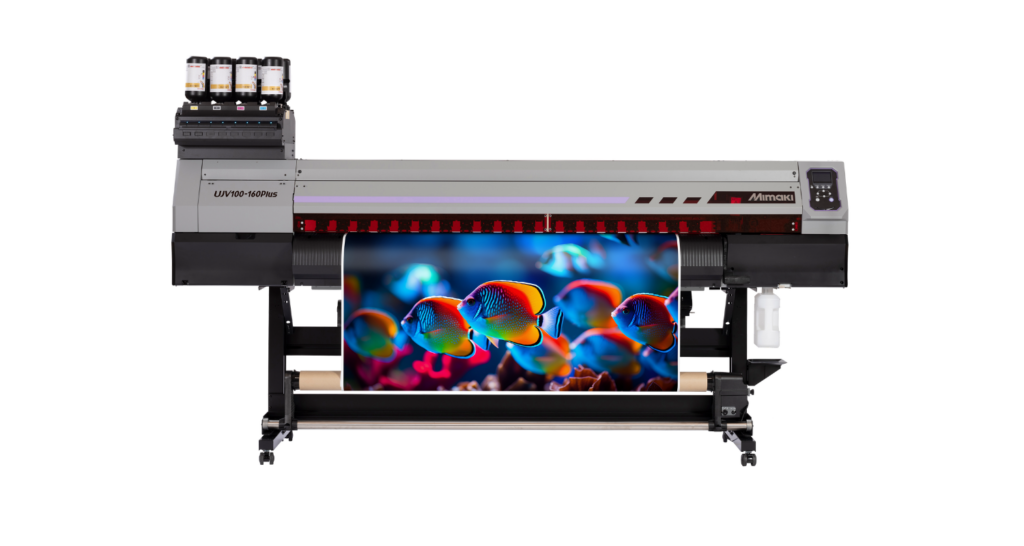 Mimaki UJV100-160Plus product image showing a brightly coloured print