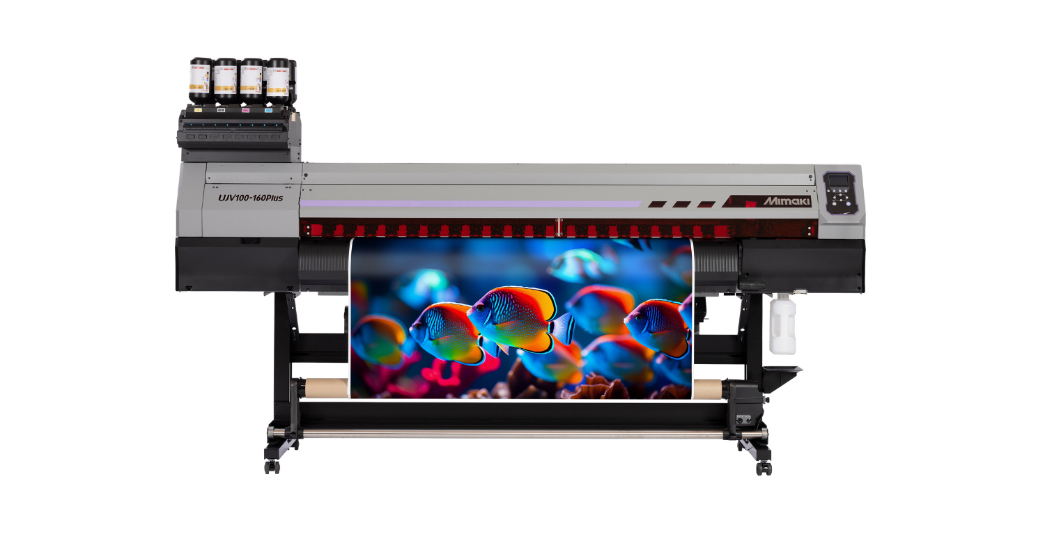 Mimaki UJV100-160Plus product image showing a brightly coloured print
