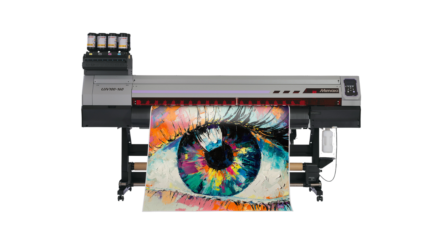 Mimaki UJV100-160 LED UV roll to roll printer featuring a large print with an eye on it