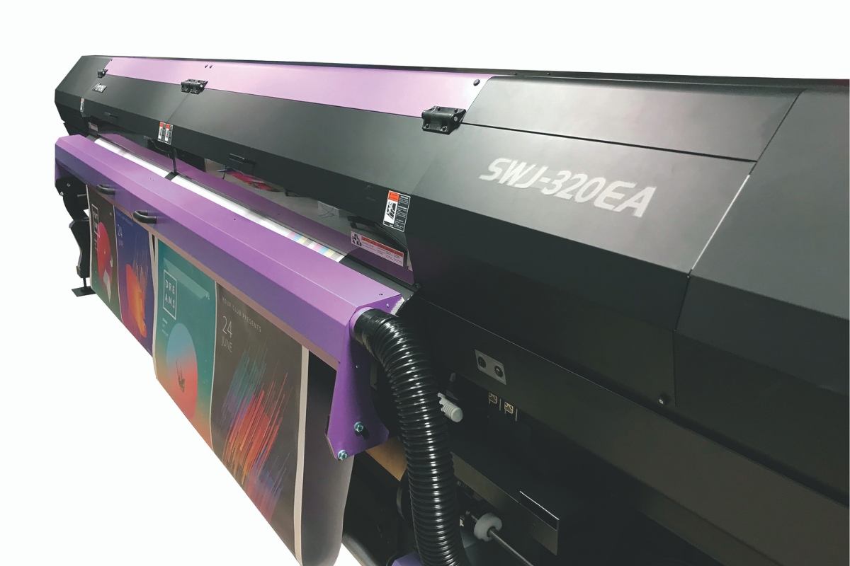 Mimaki SWJ-320EA 3.2m solvent printer shown with optional BOFA filter fitted