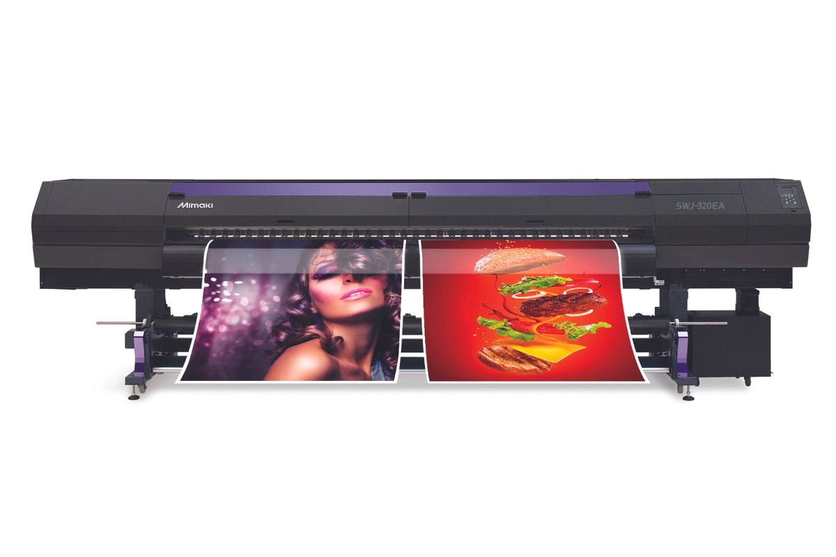 Mimaki SWJ-320EA solvent printer showing two rolls of media loaded simultaneously