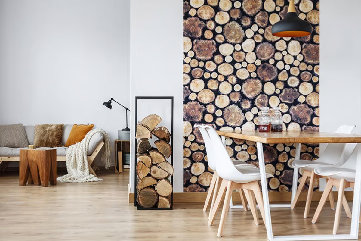 UV printed wallpaper depicting a pile of logs in a modern setting