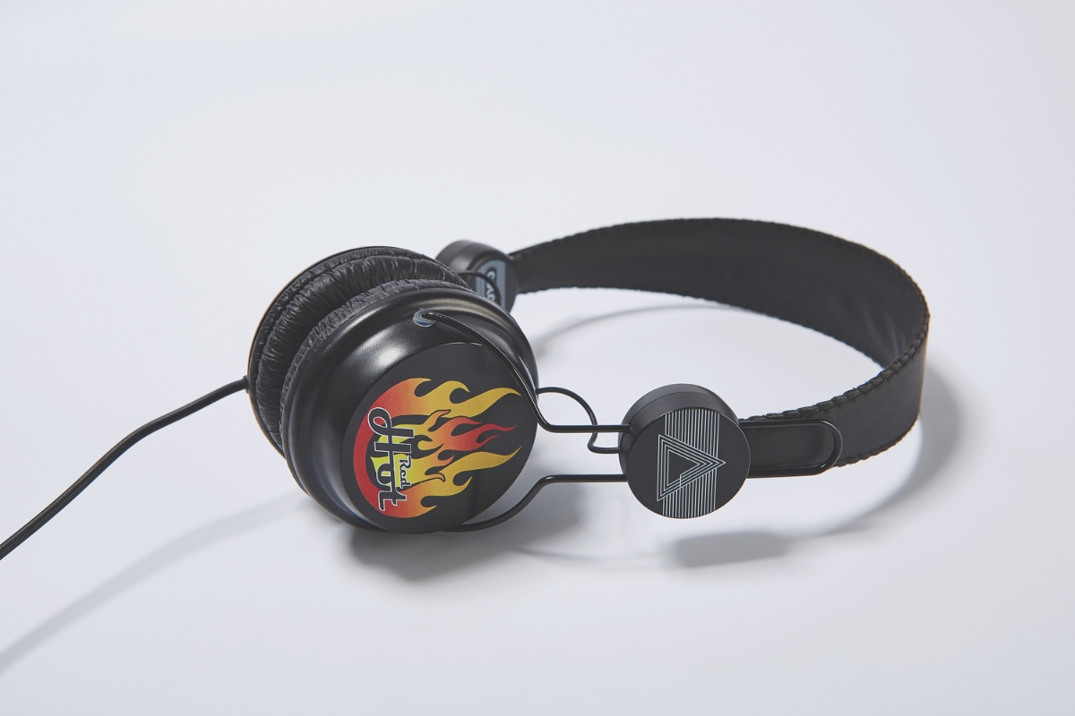 A pair of black headphones printed with a Mimaki UV printer