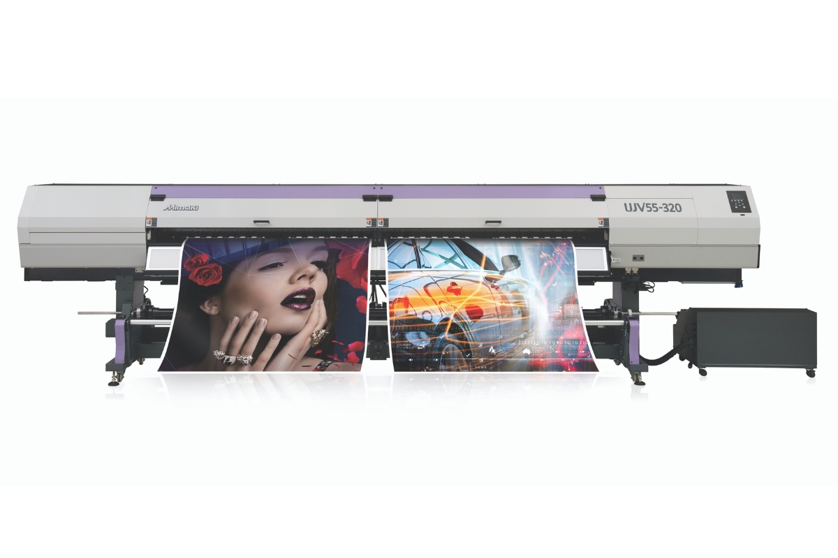 Mimaki UJV55-320 LED UV printer printing onto twin rolls