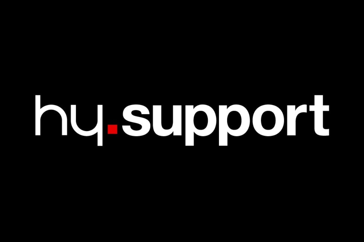 white hy.support logo on a black background