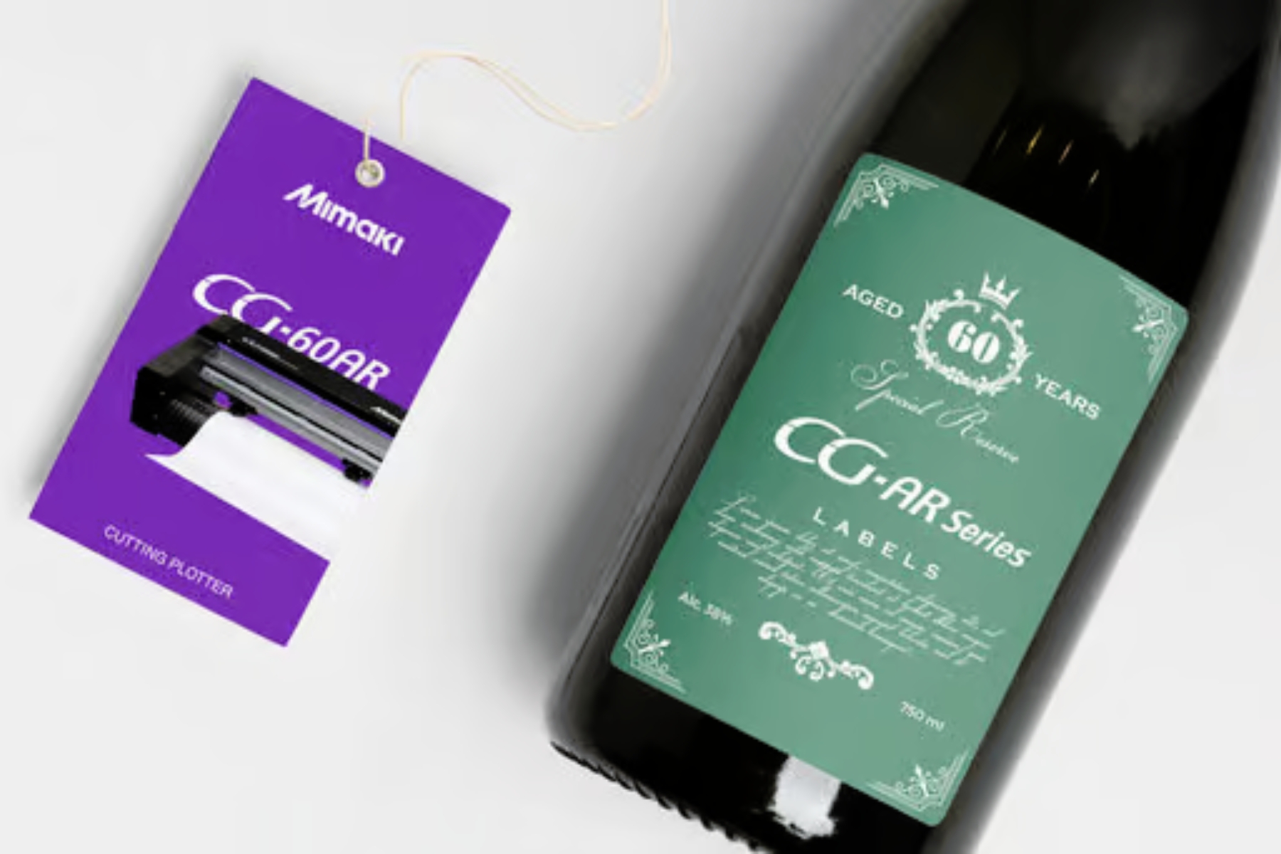 Mimaki printed and cut labels shown as a swing tag and a bottle label
