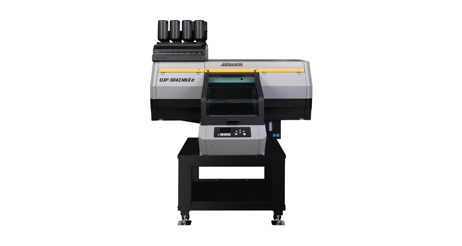 Mimaki UJF-3042MkII e direct to object printer pictured on its stand