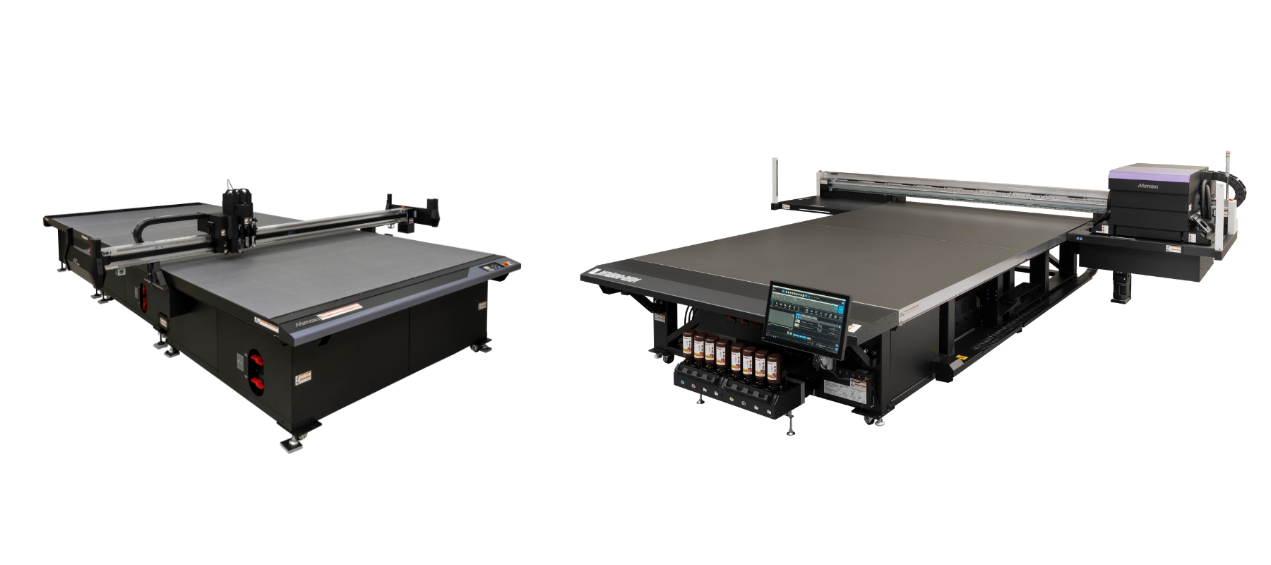 Mimaki CFX-2531 flatbed cutter shown alongside the Mimaki JFX600-2531 grand format flatbed UV printer