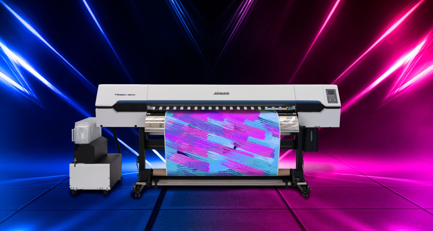 Mimaki TS330-1600 dye sublimation printer on a brightly coloured backdrop