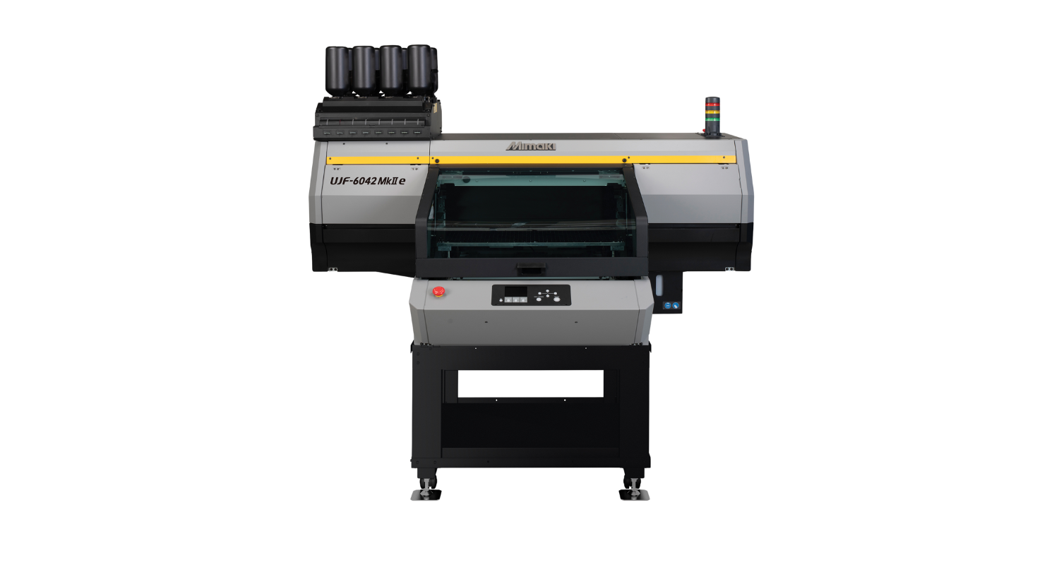 Mimaki UJF-6042MkIIe flatbed A2 UV printer pictured on its stand