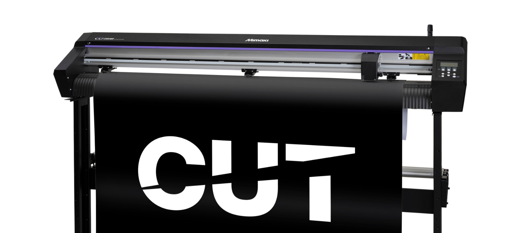 A Mimaki vinyl cutter shown with black vinyl with the word cut in relief