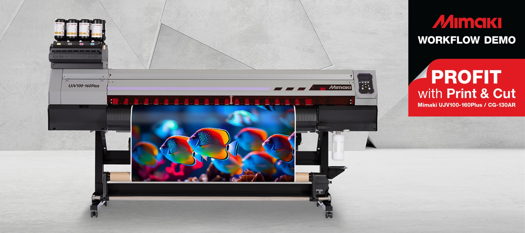 Profit with Print & Cut event banner featuring Mimaki UJV100-160Plus printer