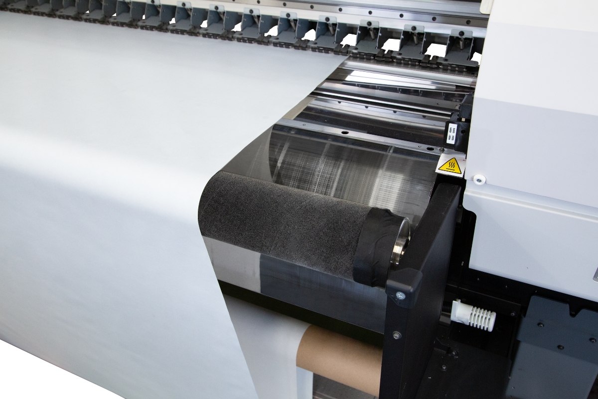 Mimaki TS330-3200DS dye sublimation printer showing fabric running across the platen