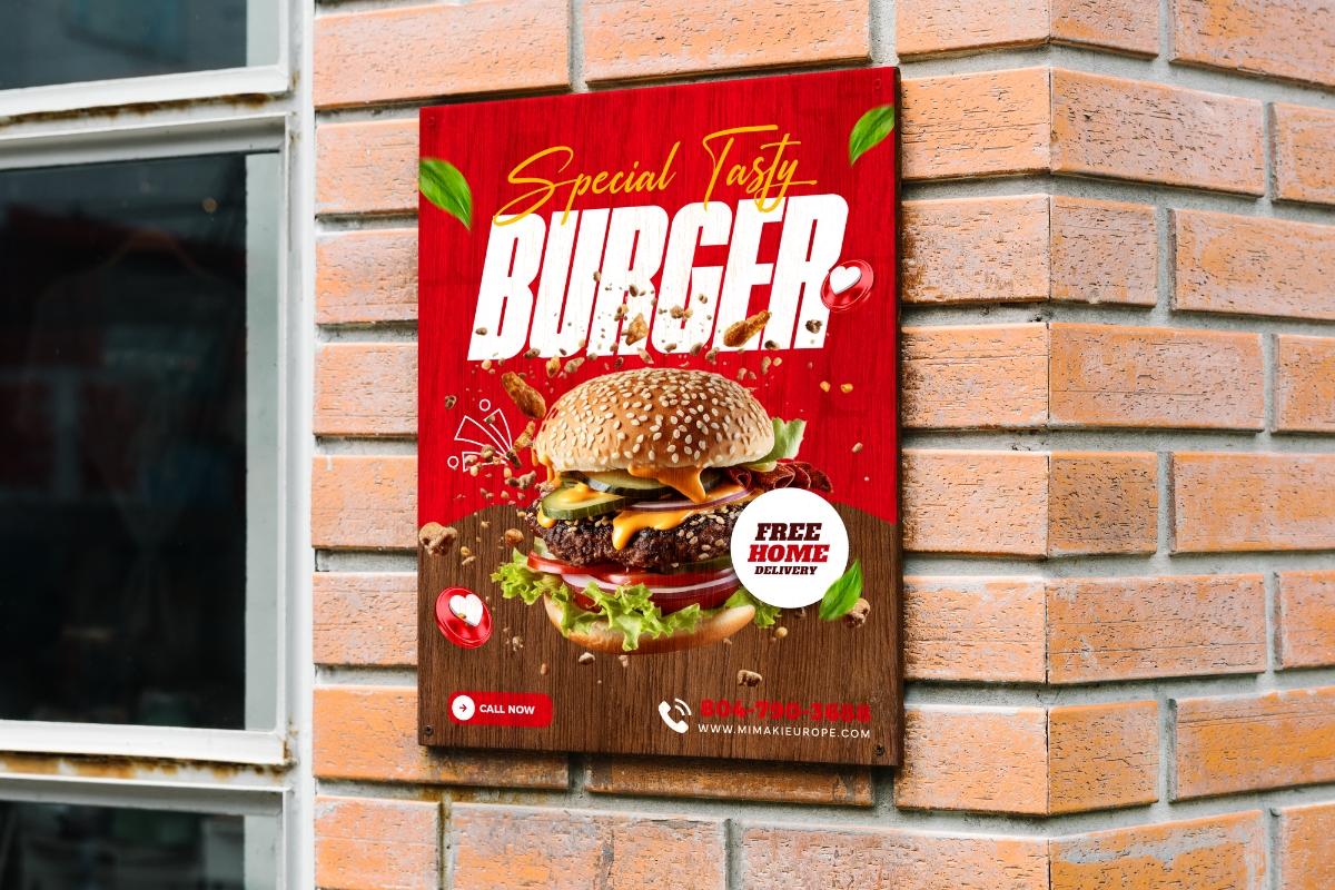 An A0 sized metal sign for a burger bar attached to a wall