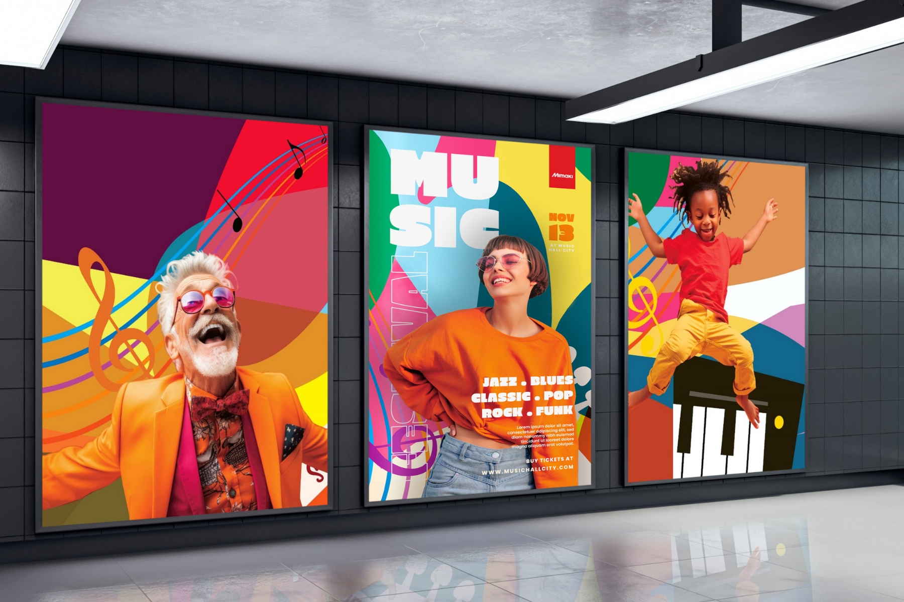 Mimaki printed brightly coloured lightbox showing three people advertising clothes