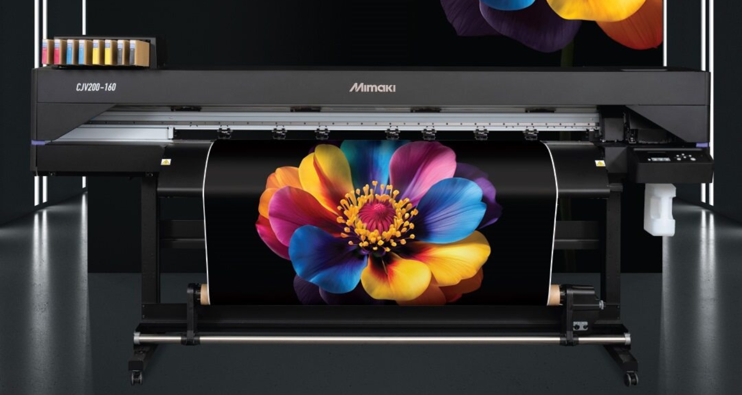 Mimaki CJV200-160 printer/cutter shown with a brightly coloured flower