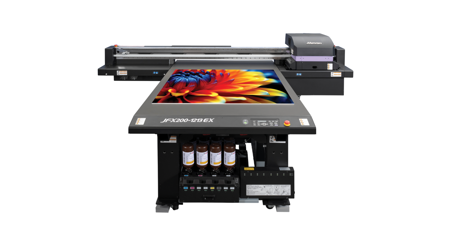 A front on image of the Mimaki JFX200-1213EX mid size flatbed UV printer