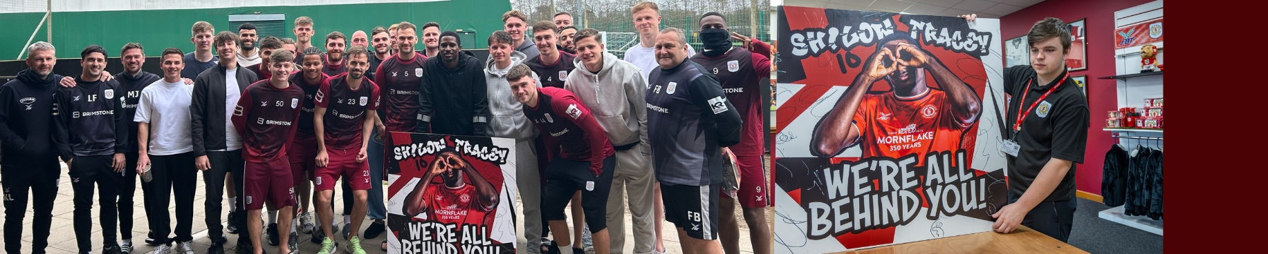 Group Picture of 2025 Crewe Alex team, alongside a giant personalised printed card.