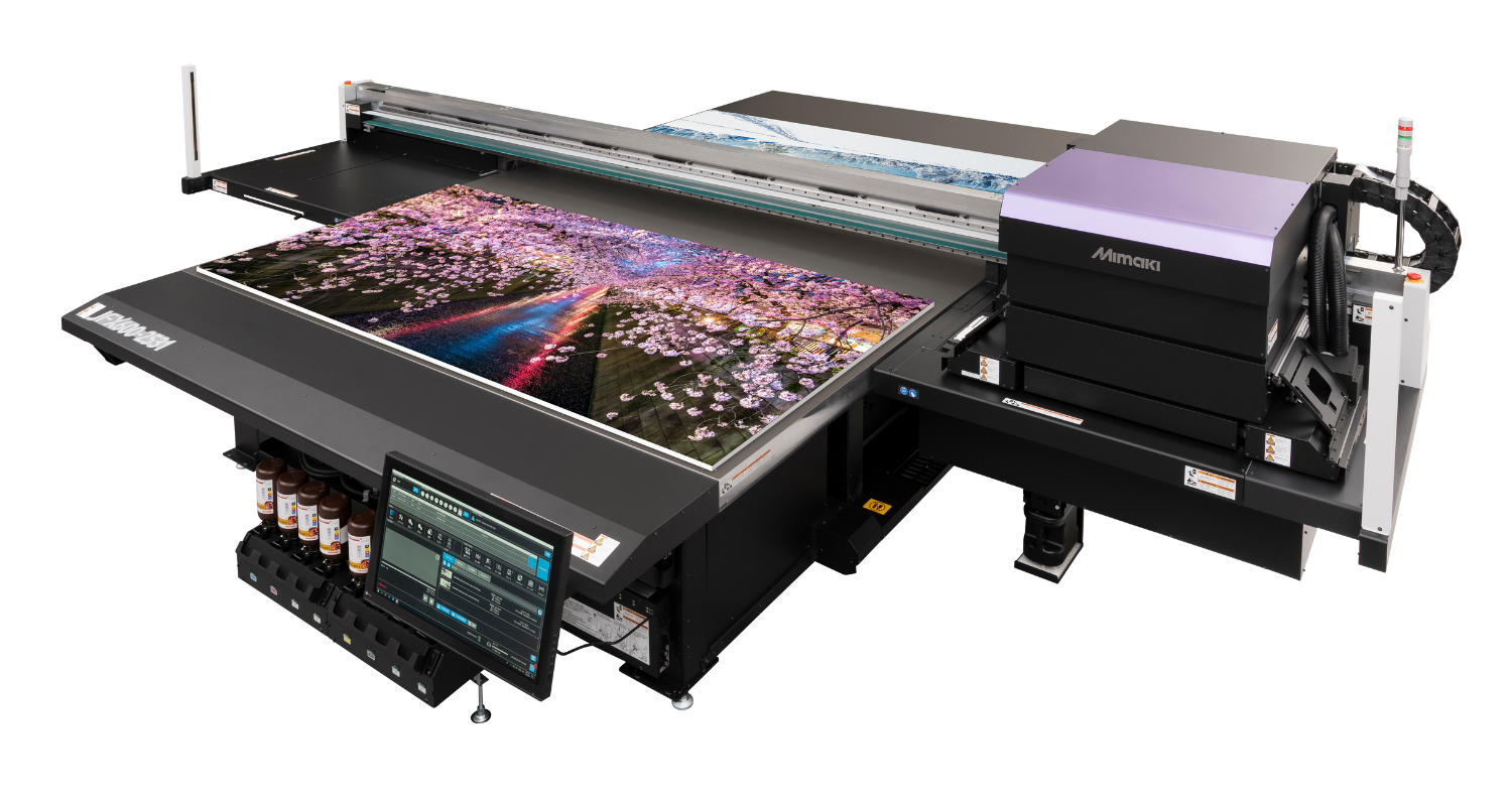 Mimaki JFX600-2531 product image showing two 8' x 4' boards on the print bed.