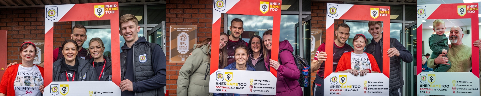 Crewe Alex Community posing for pictures with printed Selfie frame.