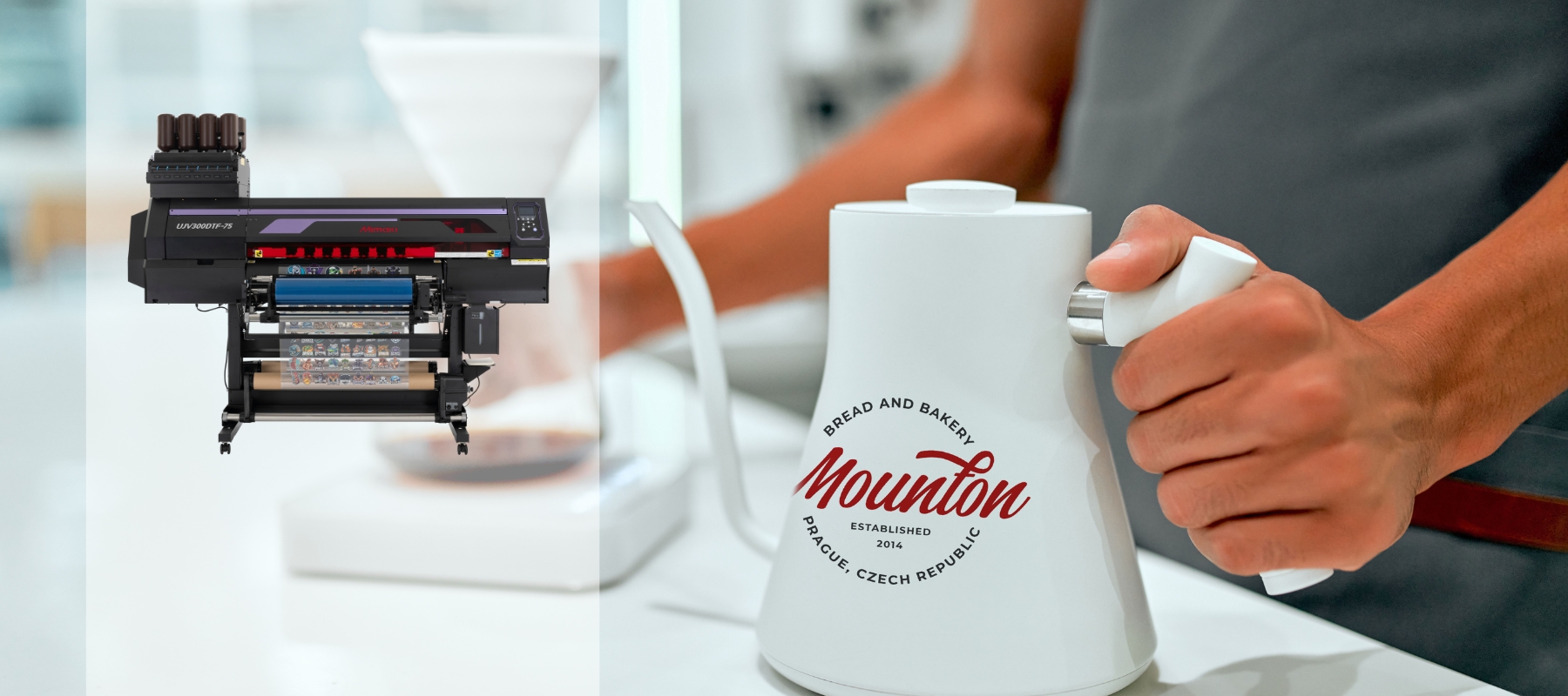 Mimaki UJV300DTF-75 UV DTF printer with a decorated electrical appliance.