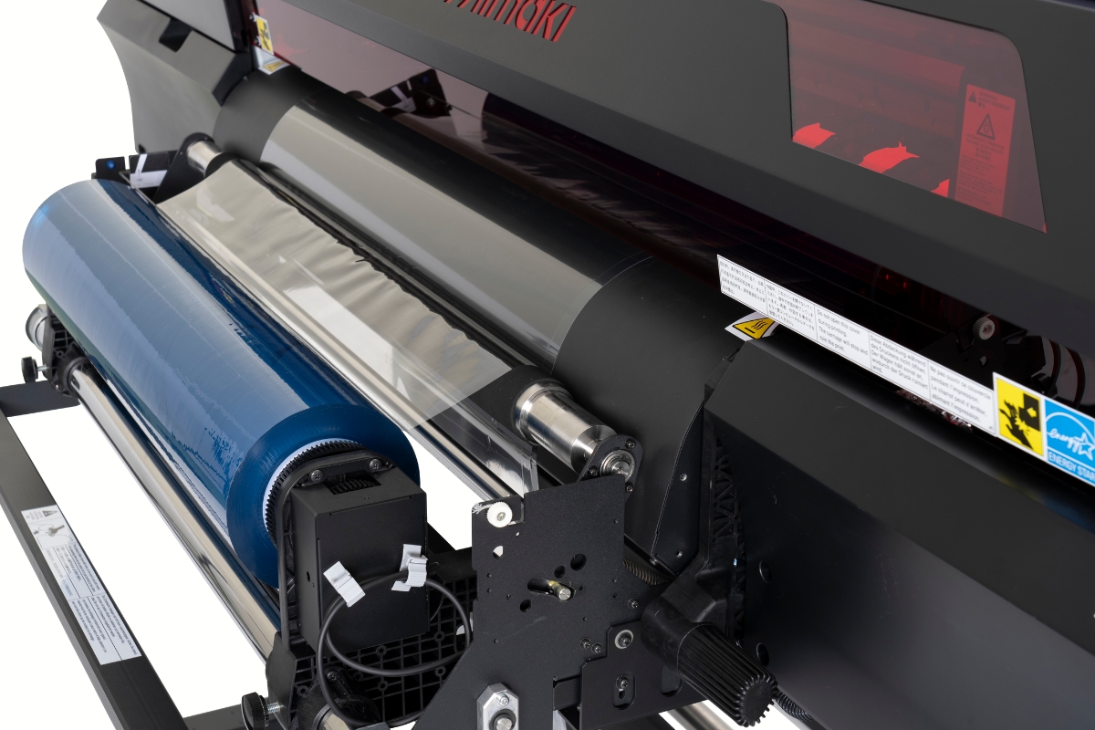 Mimaki UJV300DTF-75 showing front of printer with film roll