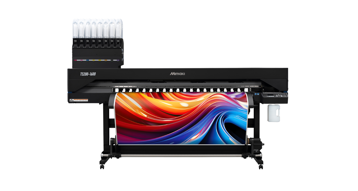 Mimaki TS200-1600 Dye Sublimation Printer Product Image Mimaki TS200 Dye Sublimation Printer with a bright patterned design on the print